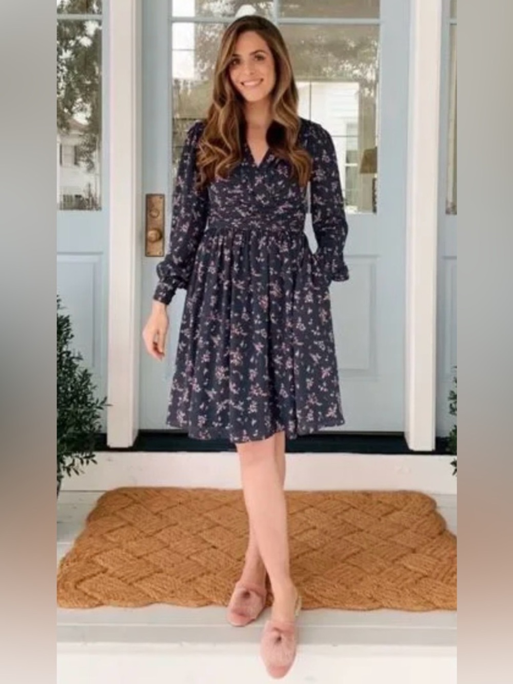 Gal Meets Glam Kelsey Floral A-line Navy Long-Sleeve Dress - Size 6
